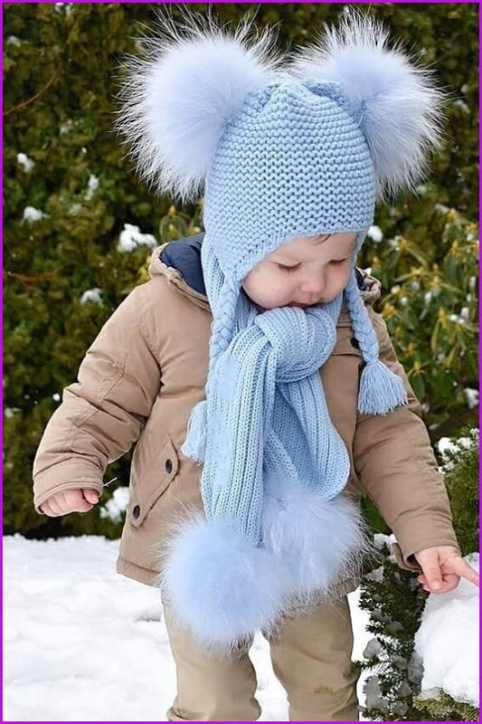 Luxury Real Raccoon Fur Pompom Cap and Scarf Set - Furdela