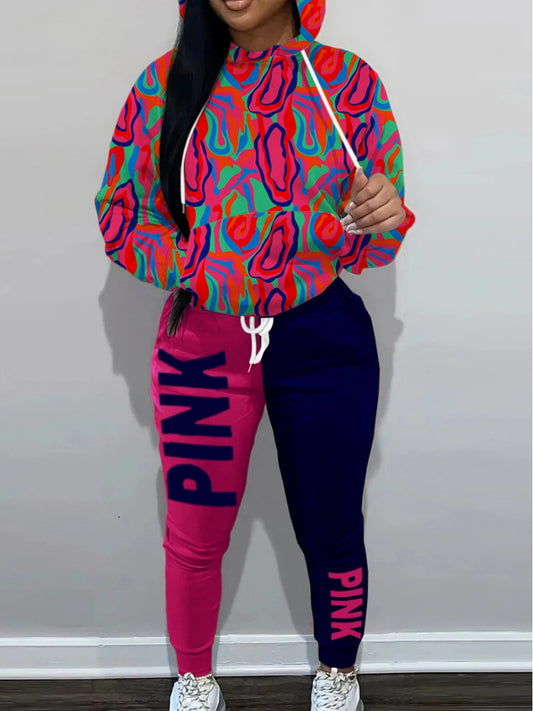 Pink Letter Print Kangaroo Pocket Tracksuit Set AR5026