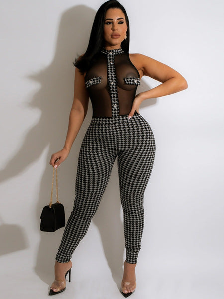 SXY Houndstooth See Through Jumpsuit AT8045