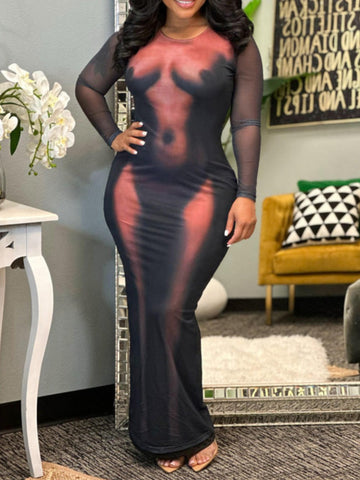 Round Neck Body Print Bodycon Dress AR5071