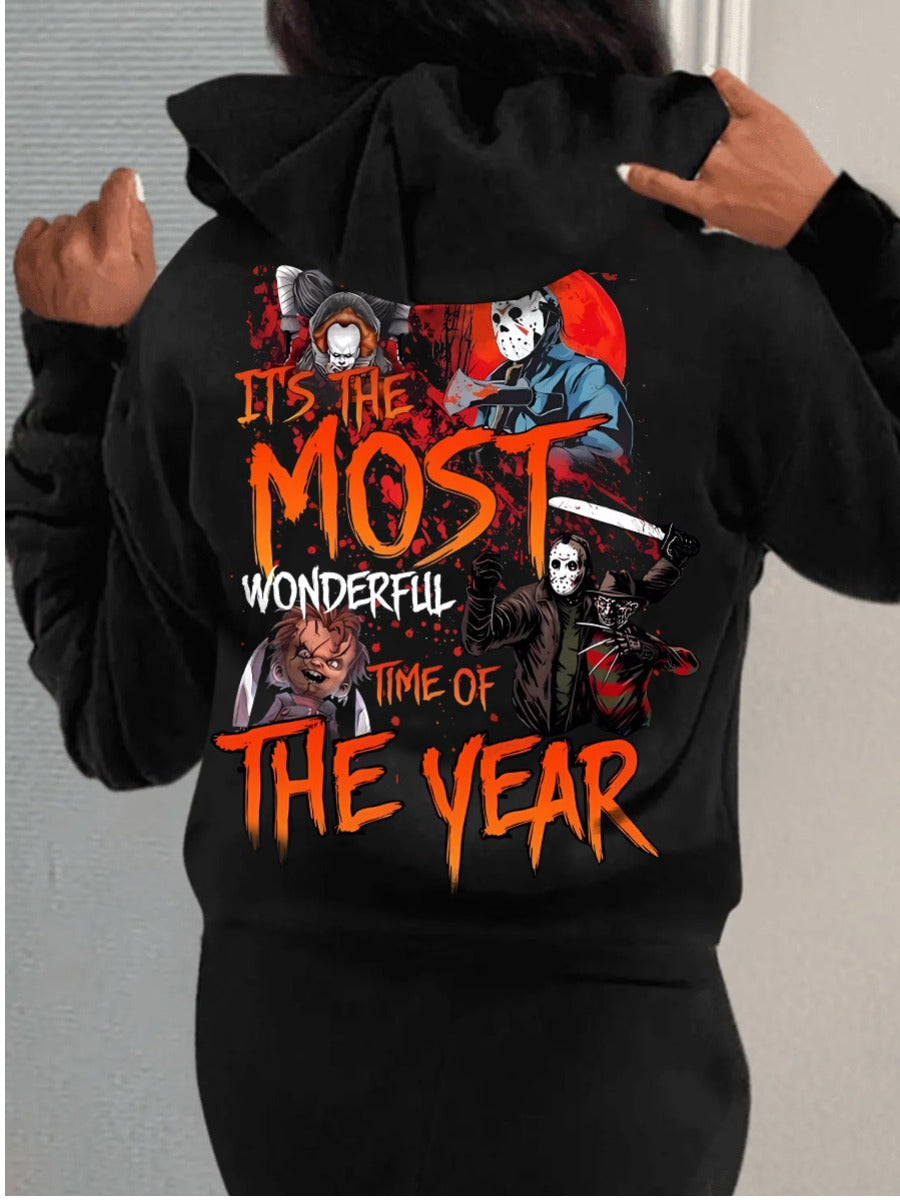 Pattern Kangaroo Pocket Print Letter Loose Hoodie BO5097 Furdela