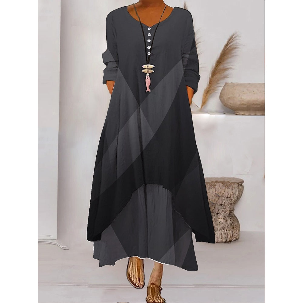 Women s Color Block Long Maxi Dress Button Layered Casual Dress Swing Dress Print Dress Fashion Modern Daily Vacation Weekend 3/4 Length Sleeve Crew Neck Dress Loose Fit Silver Black White AS301