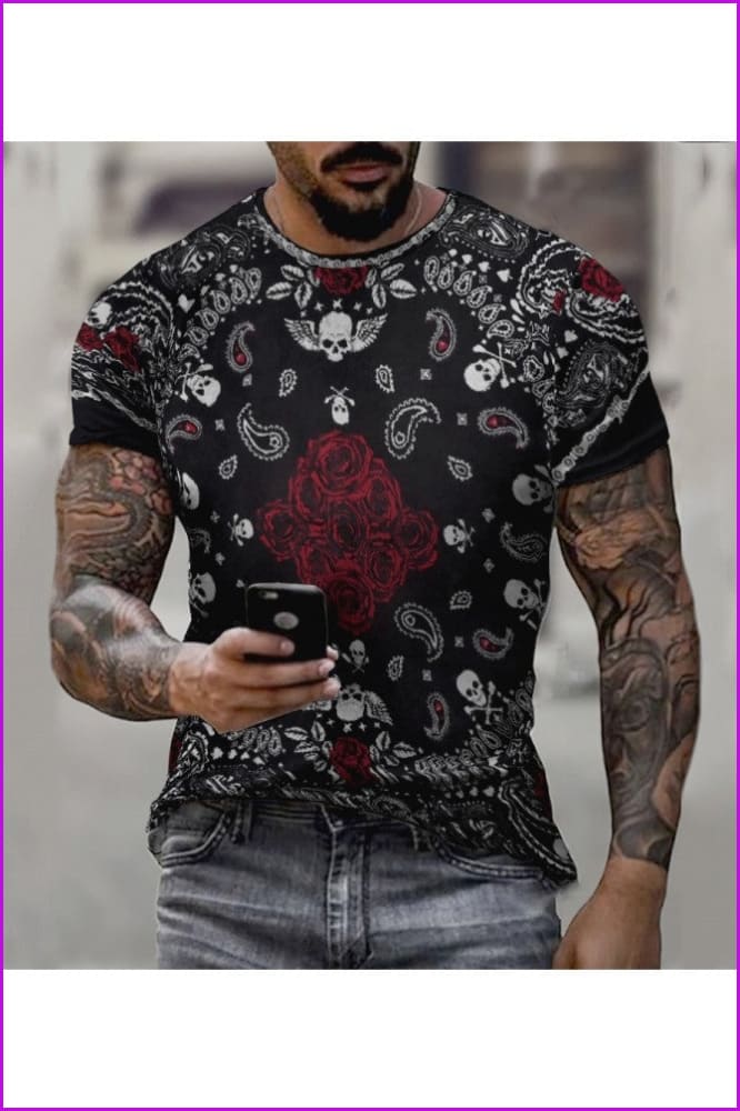 Men's Fashion Flower Skull Printed Short Sleeve Tee - Furdela Wholesale