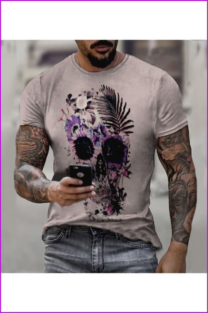 Men's Retro Flower Skull Printed Short Sleeve T-Shirt - Furdela Wholesale