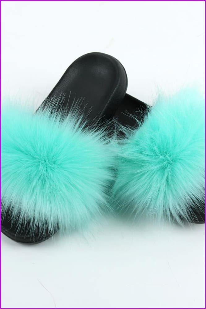 Mint Green Faux Fake Big Fur Slides F152 - Furdela