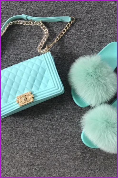 Mint Jelly Shoulder Bag & Slides Set - Furdela