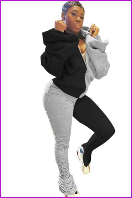 Mixed Color Bubble Sleeve Backless Hooded And Pants Set F1262 - Furdela