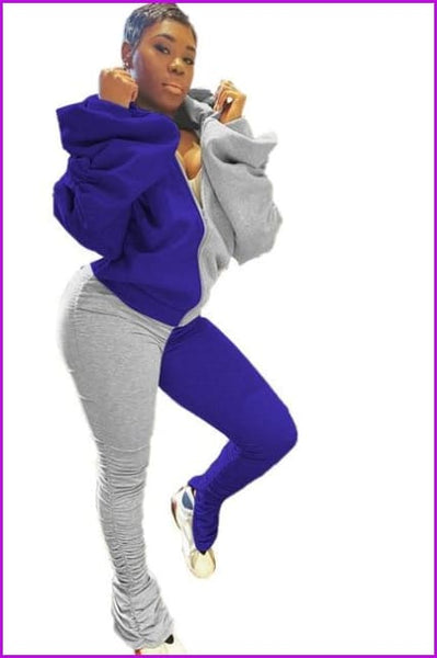 Mixed Color Bubble Sleeve Backless Hooded And Pants Set F1262 - Furdela