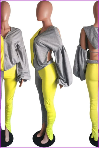 Mixed Color Bubble Sleeve Backless Hooded And Pants Set F1262 - Furdela