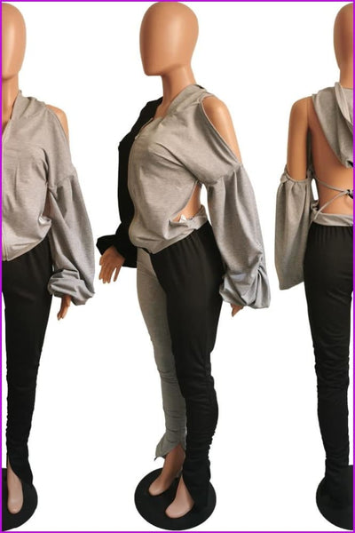 Mixed Color Bubble Sleeve Backless Hooded And Pants Set F1262 - Furdela