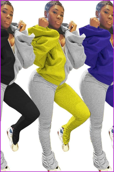 Mixed Color Bubble Sleeve Backless Hooded And Pants Set F1262 - Furdela