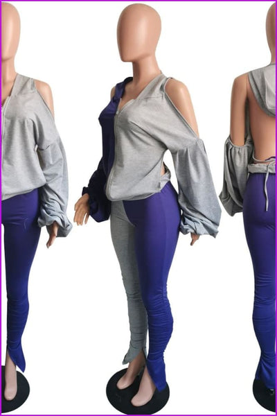 Mixed Color Bubble Sleeve Backless Hooded And Pants Set F1262 - Furdela