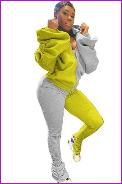 Mixed Color Bubble Sleeve Backless Hooded And Pants Set F1262 - Furdela