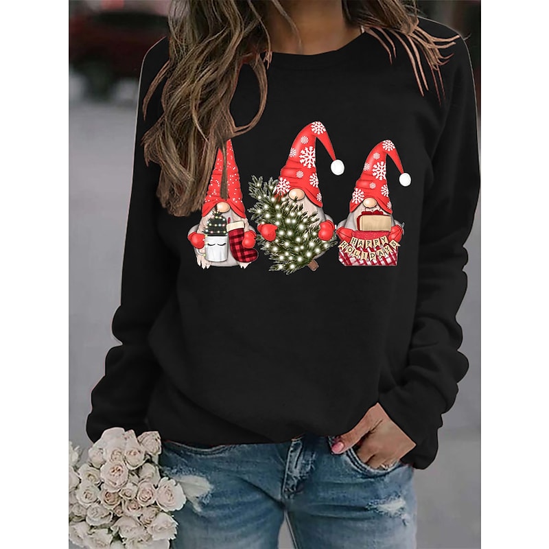 Women's Sweatshirt Pullover Active Streetwear Christmas Print Black Pink Yellow Santa Claus Christmas Tree Gnome Christmas Gifts Crew Neck Long Sleeve Cotton S M L XL XXL PC101