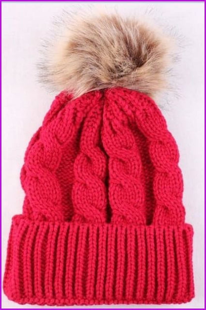 Mom And Kids Winter Knit Faux Fur Pompom Hats - Furdela