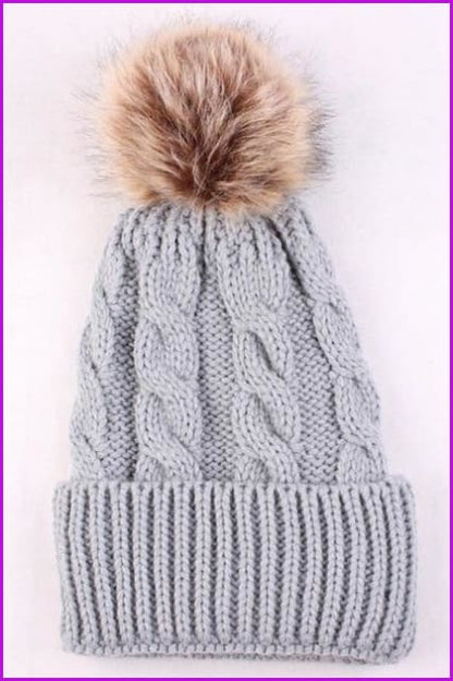 Mom And Kids Winter Knit Faux Fur Pompom Hats - Furdela