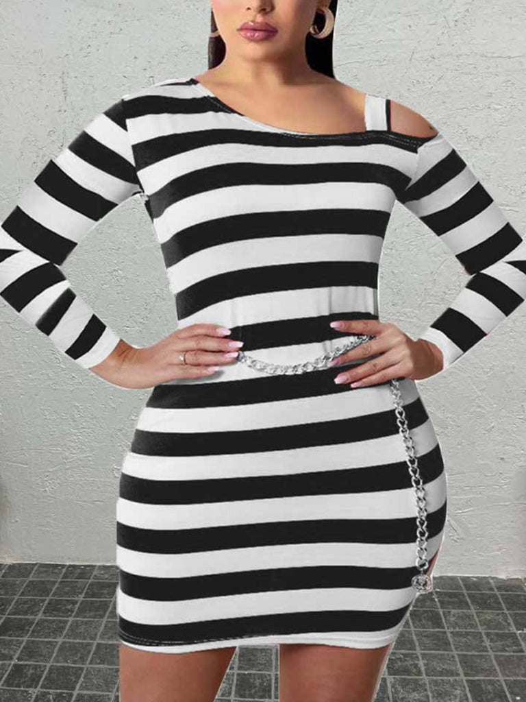 Plus Size Inclined Neck Striped Bodycon Dress BO5029 Furdela