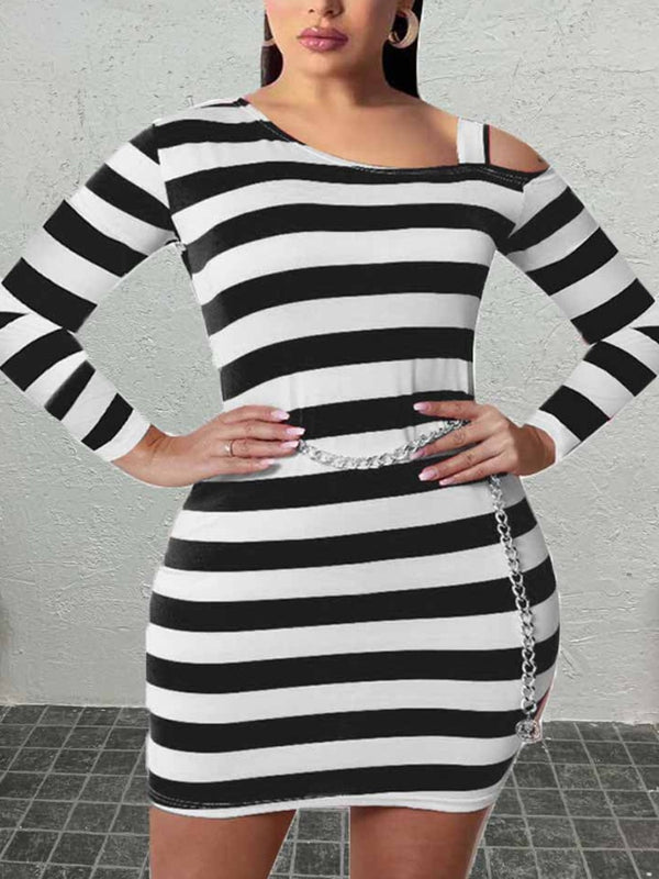 Plus Size Inclined Neck Striped Bodycon Dress BO5029 bronxriverempiregardens