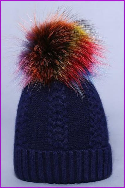 Multi Colored Raccoon Fur And Knited Hat DY1727 - Furdela
