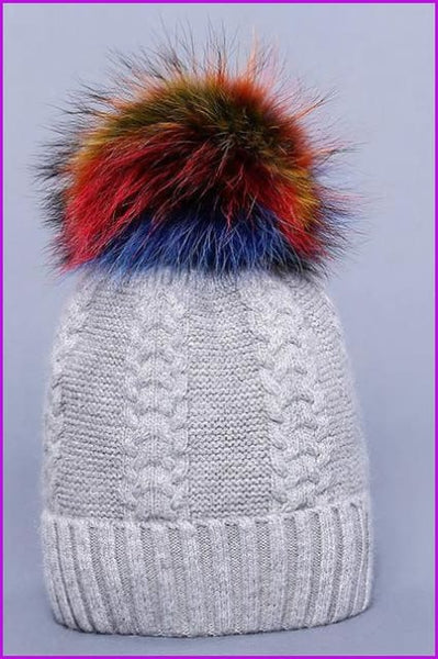 Multi Colored Raccoon Fur And Knited Hat DY1727 - Furdela
