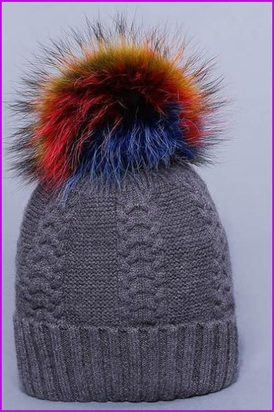 Multi Colored Raccoon Fur And Knited Hat DY1727 - Furdela
