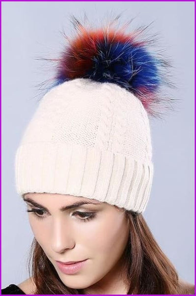 Multi Colored Raccoon Fur Pompom Hat DY1727 - Furdela