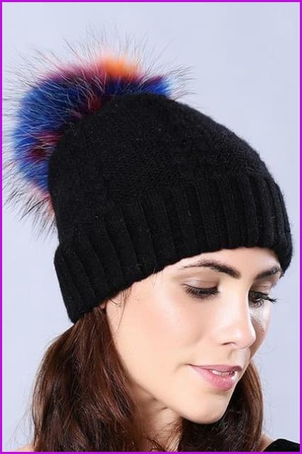 Multi Colored Raccoon Fur Pompom Hat DY1727 - Furdela