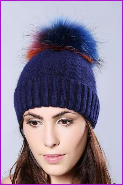 Multi Colored Raccoon Fur Pompom Hat DY1727 - Furdela