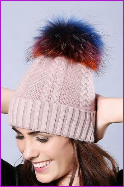 Multi Colored Raccoon Fur Pompom Hat DY1727 - Furdela