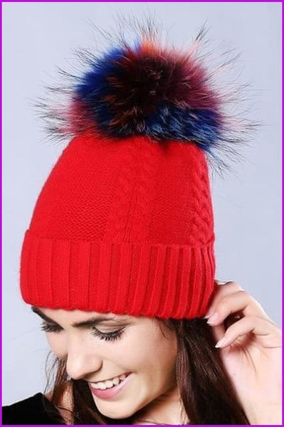 Multi Colored Raccoon Fur Pompom Hat DY1727 - Furdela