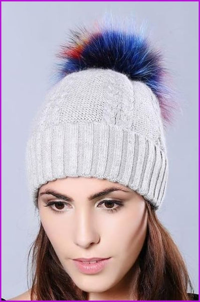 Multi Colored Raccoon Fur Pompom Hat DY1727 - Furdela