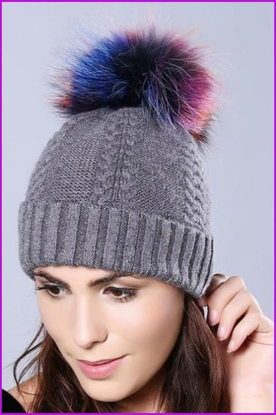 Multi Colored Raccoon Fur Pompom Hat DY1727 - Furdela