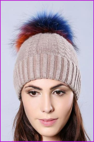 Multi Colored Raccoon Fur Pompom Hat DY1727 - Furdela