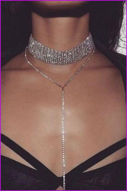 Multi Row Rhinestone Crystal Party Necklace Choker F403 - Furdela