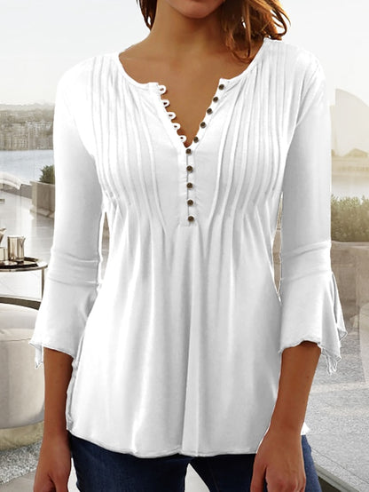 Women s Shirt Blouse Tunic Black White Wine Plain Button Flowing tunic 3/4 Length Sleeve Casual Basic V Neck Long S SR101