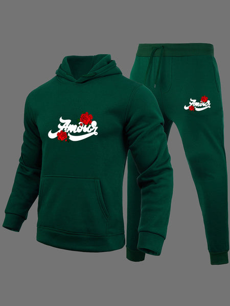 Men Rose Flower Letter Print Kangaroo Pocket Tracksuit Set AR50102