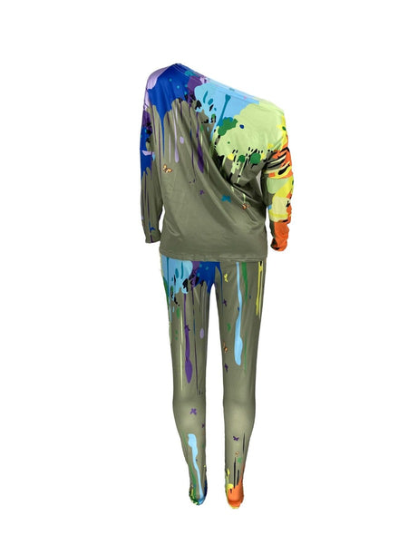 Plus Size Inclined Neck Splash Ink Pants Set AT908