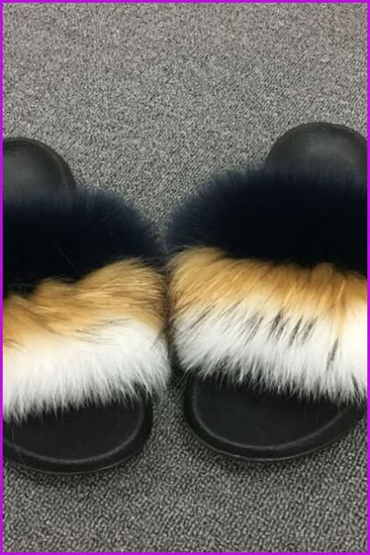 Navy Golden White Fox Full-Pelt Fur Sliders DF003 - Furdela