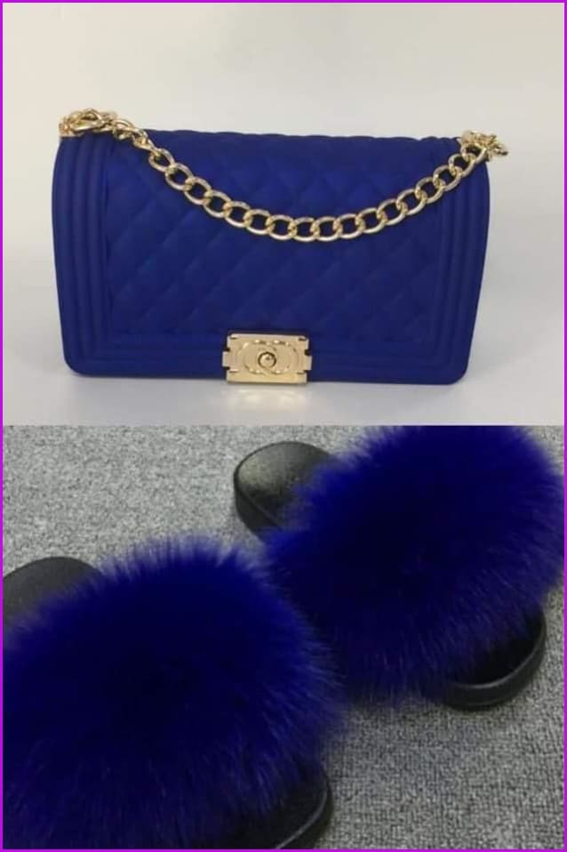 Navy Jelly Shoulder Bag And Fox Fur Slides Set - Furdela