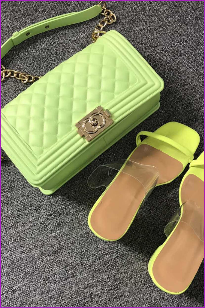 Neon Green Jelly Shoulder Bag And Sandal Set - Furdela