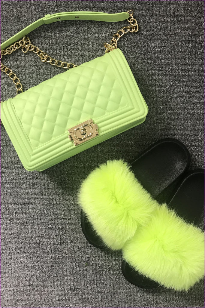 Neon Green Jelly Shoulder Bag And Slides Set - Furdela