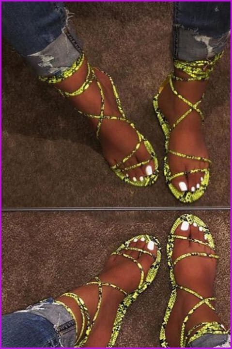 Neon Green/Blue/Hot Pink Snake Pattern Laced Flat Sandals F167 - Furdela