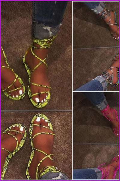 Neon Green/Blue/Hot Pink Snake Pattern Laced Flat Sandals F167 - Furdela