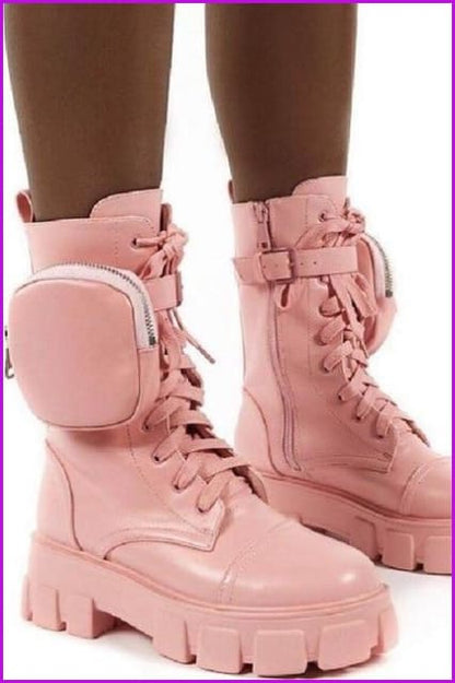 New Chunky Boots Fashion Pocket Platform Boots F1396 - Furdela