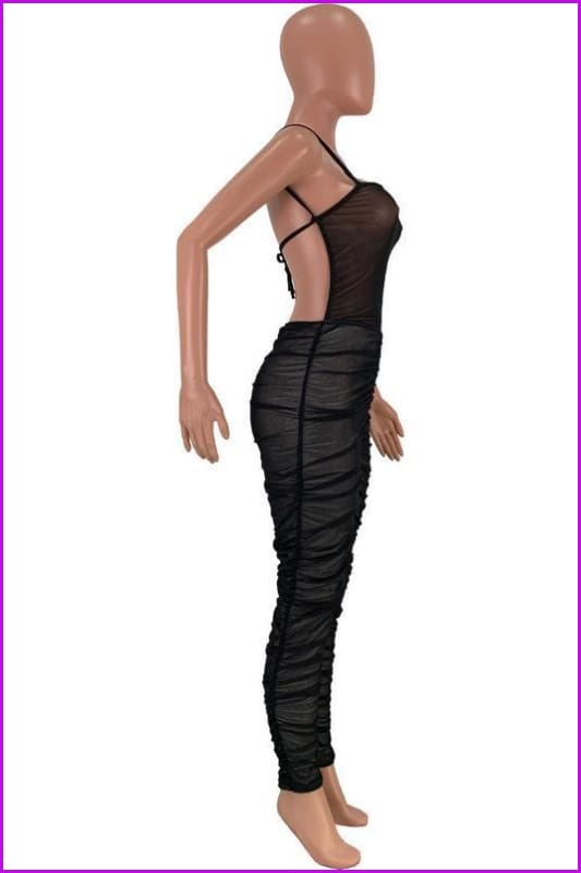 Night Club Gauze Ruched Backless Sleeveless Jumpsuit F913 - Furdela