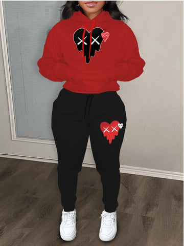 Heart Print Kangaroo Pocket Tracksuit Set AR70115