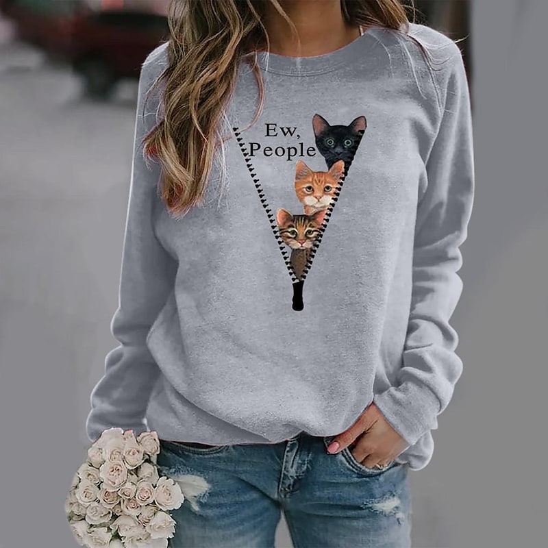 Women's Sweatshirt Pullover Basic Green Blue Purple Cat Street Round Neck Long Sleeve S M L XL 2XL 3XL PC100