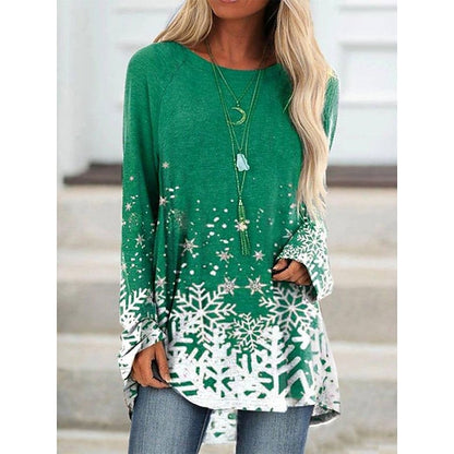 Women's T shirt Tee Tunic Green Black Red Graphic Snowflake Print Long Sleeve Christmas Daily Basic Christmas Round Neck Long S PC68