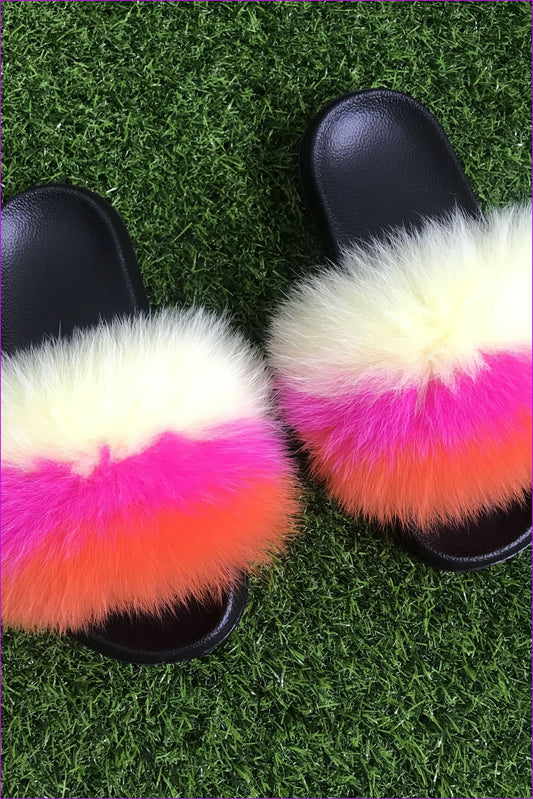 Orange Hot Pink Yellow Fox Fur Sliders DF003 - Furdela