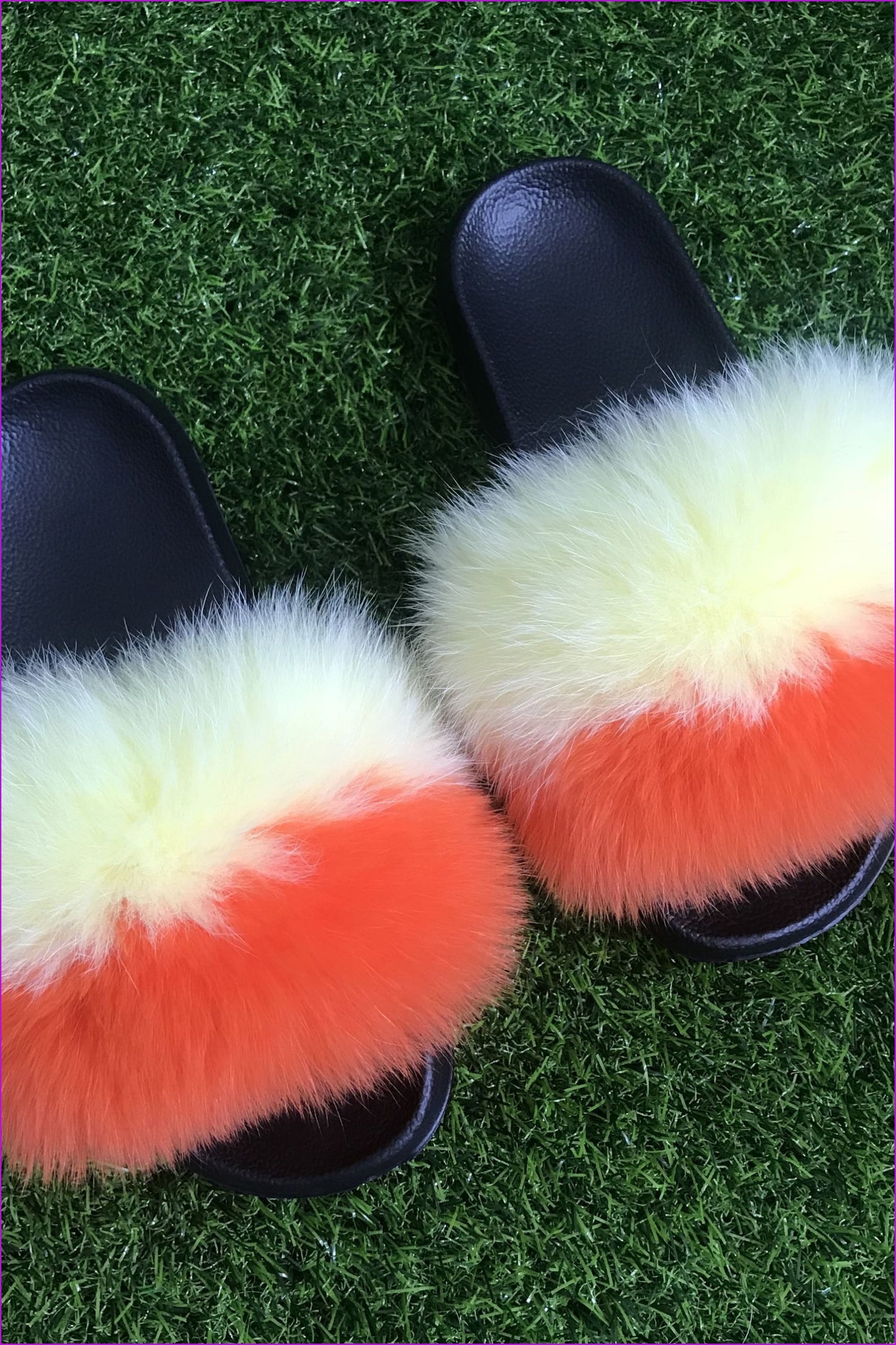 Orange Yellow Fox Fur Sliders DF003 - Furdela